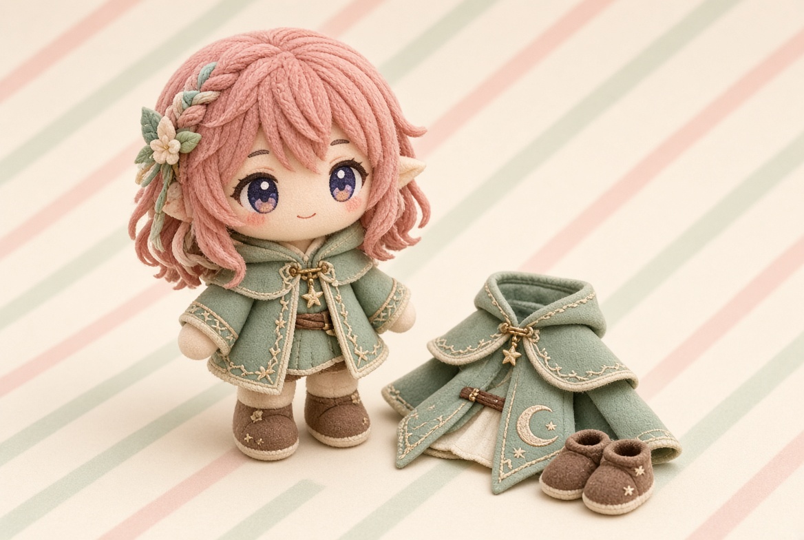 衣装付き12cmのIPキャラクターぬいぐるみ（モック）