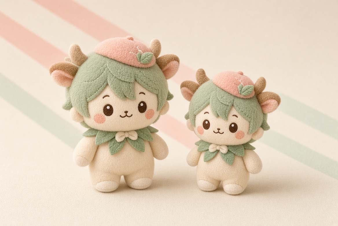 10cmと15cmの2サイズ展開のオリジナルキャラクターぬいぐるみ（モック）